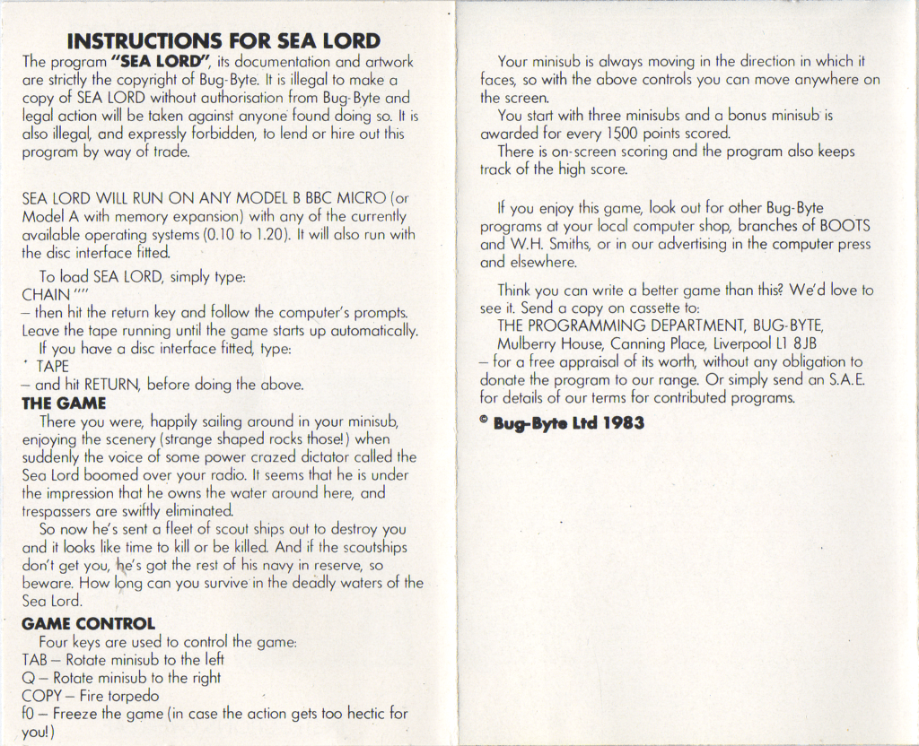 Tape Game Cover Bug-Byte BBC B - Sea Lord V2 collector insights