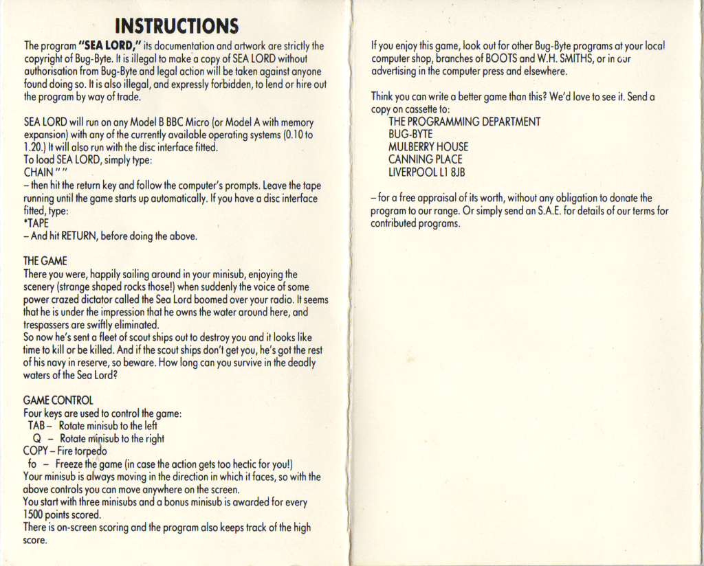 Tape Game Cover Bug-Byte BBC B - Sea Lord V1 collector insights